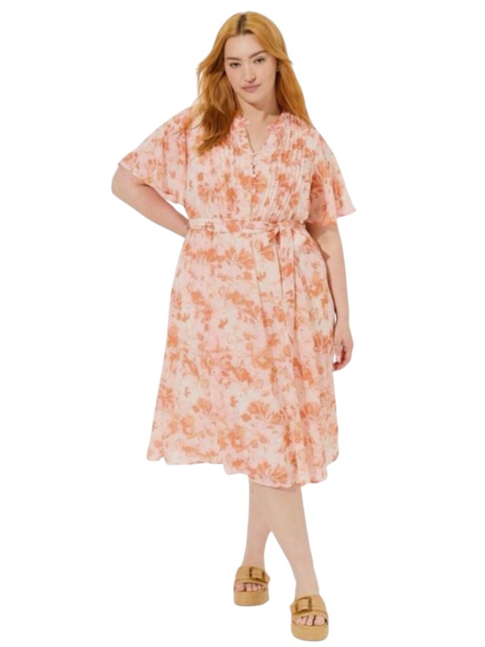 Torrid Size 4 Peachy Pink Floral Pleated Button Front Dress with Pockets